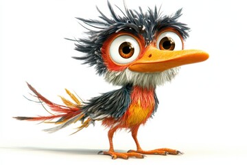 Naklejka premium Colorful animated bird character with fluffy feathers and large expressive eyes standing upright against a plain background in a playful pose