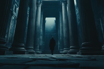 Mysterious Figure Walking in Ancient Temple with Grand Columns