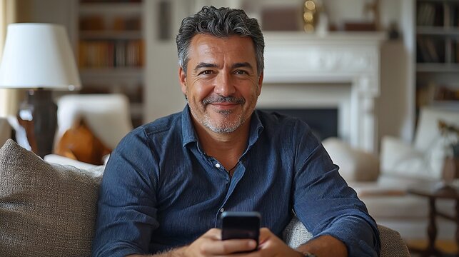 A middle-aged man smiles warmly while holding a phone, comfortably seated on a sofa in a living room