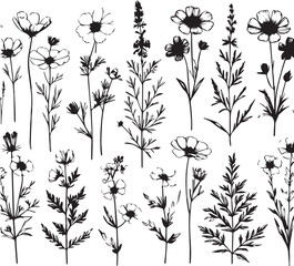 minimal botanical graphic sketch drawing, trendy tiny tattoo design, floral elements vector illustration