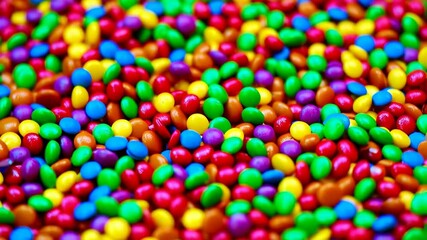 Overhead view of brightly colored candy coated chocolate lentil sweets filling the whole frame creating a vivid background texture - Powered by Adobe