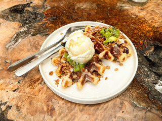 Delicious Waffle with Kiwi and Vanilla Ice Cream