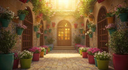 Sunlit courtyard with potted flowers