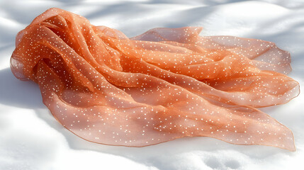 Delicate apricot scarf with polka dots resting on a pristine snowy surface