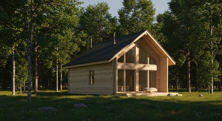 Obraz premium Wood cabin nestled in a verdant forest