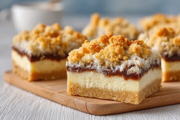 Delicious cheesecake bars with chocolate filling and crumble topping served on a rustic wooden board against a soft, bright background, ready to be enjoyed