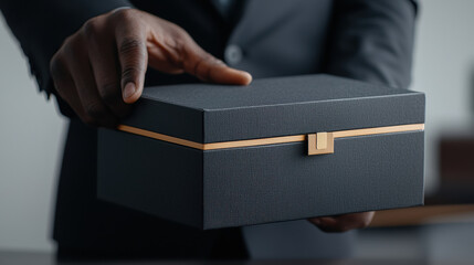 Closeup of hand unboxing custom welcome kit, elegant black gift box with gold accent, business onboarding, professional, excitement