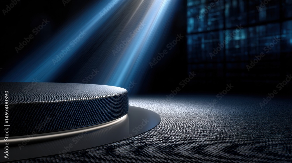 Poster a dark room with a blue light shining on a round object