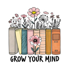 Books with blooming flowers and "Grow Your Mind" concept illustration

