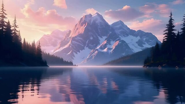 Beautiful mountain lake landscape scenery nature wallpaper background hd desktop screensaver. Mountain peak at sunrise with lake. Calm lake and snowy mountain view. Peaceful forest scene at dawn