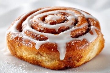 Delicious cinnamon roll with creamy white icing on a bright white background, inviting sweet indulgence and comfort food cravings.