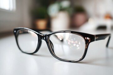 Close-up shot of black framed eyeglasses on a white surface, with blurred background showcasing house plants and a window, creating a calming and minimalist atmosphere.