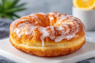 A delicious glazed donut sitting on a white marble surface, with a background of a green plant and a cup with a piece of fruit, a tempting treat for a sweet craving.