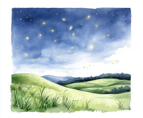 Watercolor painting of starry night sky over rolling green hills