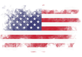 Distressed and textured rendition of the United States map with the iconic stars and stripes of the American flag, evoking a