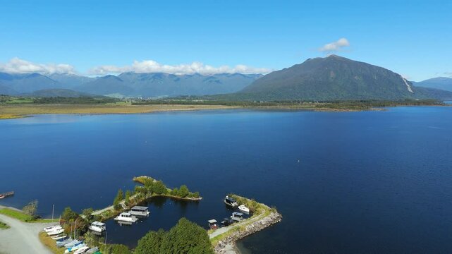 Overhead drone shot, Lake Brunner and Southern Alps, New Zealand