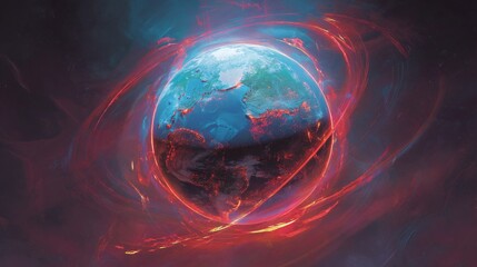 A glowing, vibrant Earth encircled by swirling, neon energy, set against a dark, futuristic backdrop. The image evokes themes of global connection and technological advancement