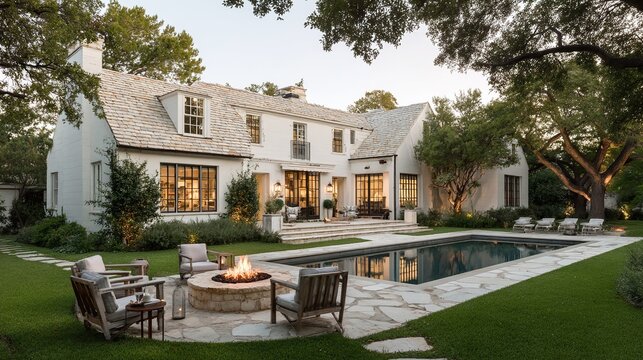 A large, two-story house with white walls and a beige shingle roof in the suburban area of Texas, featuring an outdoor pool with a fire pit surrounded by lush green grass
