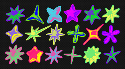 Fototapeta na wymiar Y2k 3d punk neon colors light chrome halftone stars shape retro abstract vector illustration sticker set. Chrome silver 3d metallic halftone semitone retro effect bright neon color star collection.