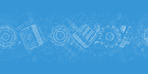 Mechanical engineering drawings on blue background. Cutting tools, milling cutter. Technical Design. Cover. Blueprint. Horizontal seamless pattern. Vector illustration.