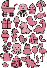 Cute Pink Doodle Icons Collection – Baby, Animals, and Sweets Clipart