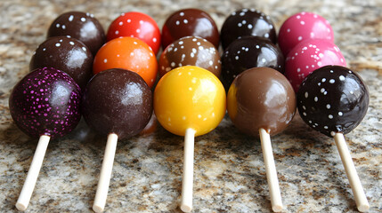Colorful array of delightful cake pops with whimsical decorations enticing dessert
