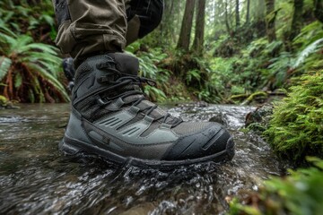 Close-up of a hiker's boot stepping into a shallow stream amidst a lush forest, showcasing outdoor adventure footwear with natural beauty and challenging landscapes.
