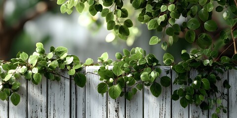 White wooden birdhouse on white wooden fence, subtle wood grain. Bright daylight, soft shadows. Lush green foliage blurred background. Photorealistic, charming, clean.