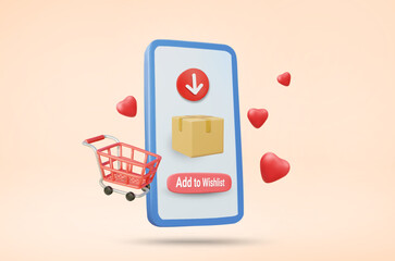 3D Vector Illustration Rendering Online Shopping Showing Mobile Phone Screen With Parcel Box With Load Arrow Add to Cart, Add to Wishlist Sign Surrounded By Shopping Cart And Heart.