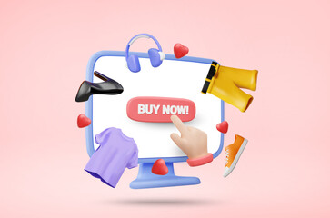 3D Illustration Vector Render Online Shopping Showing Computer Screen BUY NOW Sign and Clicking Hand Surrounded by Clothes, Headphones, Shoes. Shopping Concept Heart. Like. Add to Favorites.