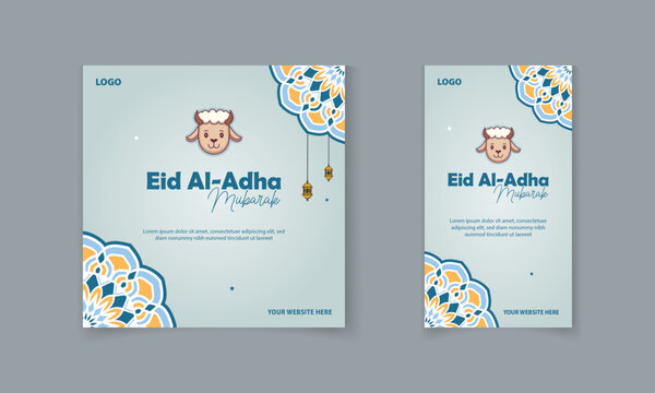Eid al Adha Mubarak social media post and story template with Islamic mandala, star, lamp, vector