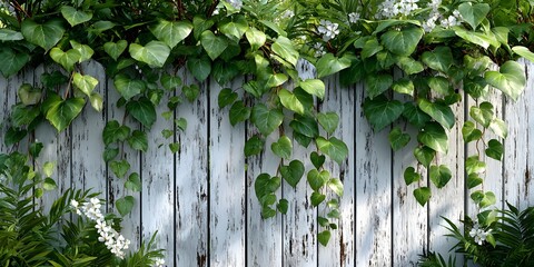 White wooden birdhouse on white wooden fence, subtle wood grain. Bright daylight, soft shadows. Lush green foliage blurred background. Photorealistic, charming, clean.