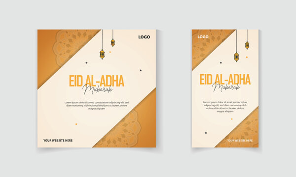 Eid al Adha Mubarak social media post and story template with Islamic mandala, lamp, vector