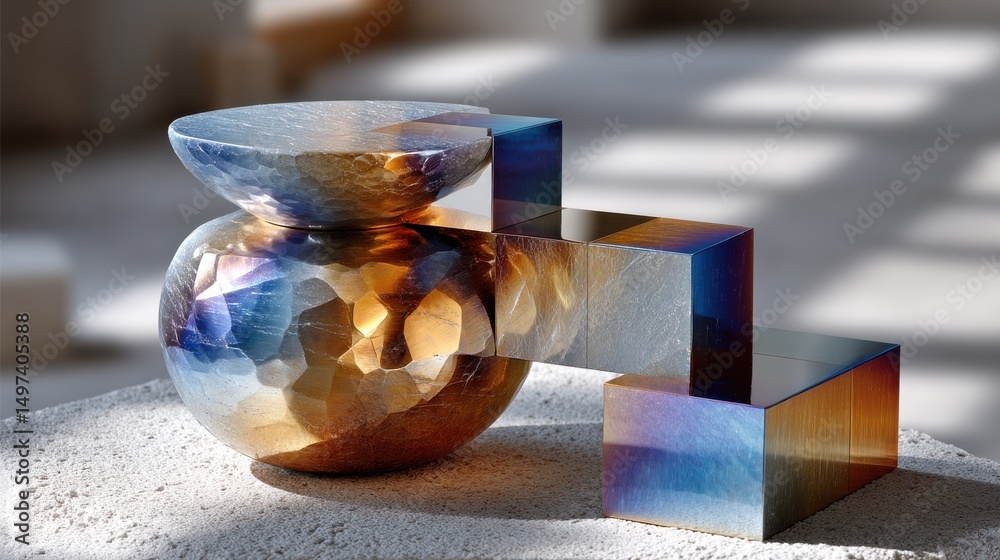 Poster a vase with a gold and blue base sits on a table
