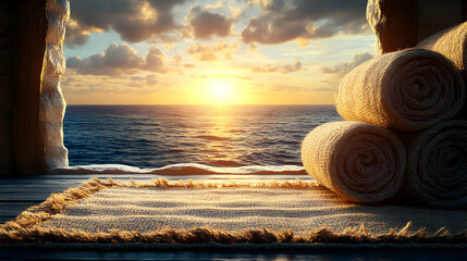 Seaside Serenity: Rolled Towels and Ocean View at Golden Hour, a peaceful coastal getaway