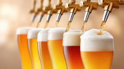 Golden beer pours from multiple taps into glasses, creating frothy heads in a vibrant bar setting.