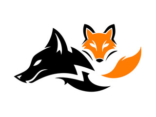 Obraz premium Stylish black and white fox logo design. Bold, symmetrical logo featuring three stylized fox heads.