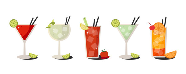 Retro summer cocktails set. Hand drawn alcohol beverages with lemon, mint, and berries for party design. Beverages set isolated on a white background