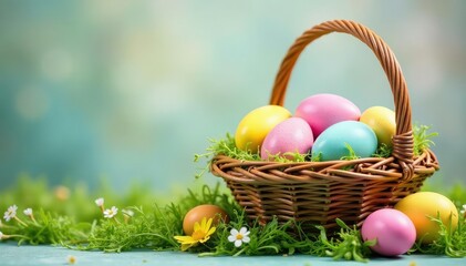 Colorful Easter eggs in a basket, springtime festive decoration , craft, pastel
