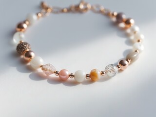 Elegant Rose Gold Beaded Bracelet with Pastel Gemstones on a White Background.