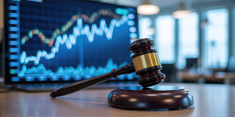 Gavel on Table with Financial Graphs on Screen