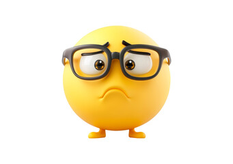 Fototapeta premium Yellow emoji with glasses shows sadness isolated on transparent background