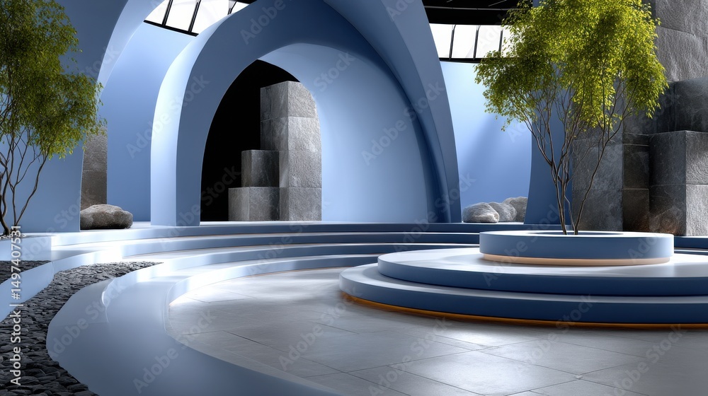 Aufkleber a blue room with a large archway and a tree in the middle