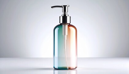 Fototapeta premium Elegant gradient glass bottle with pump dispenser showcasing a serene background and soft lighting