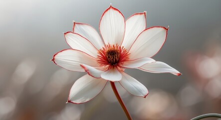Obraz premium Elegant White Flower with Red Accents, Captured in Soft, Dreamy Bokeh Backdrop.