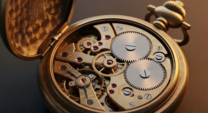Closeup of an open gold pocket watch revealing intricate gears and mechanical components inside its casing - Powered by Adobe