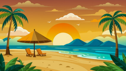 Obraz premium Tropical beach sunset palm trees ocean vacation summer paradise scene