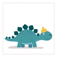 Naklejka premium Cartoon blue stegosaurus wearing a yellow beanie. Perfect for children's illustrations, nursery prints, school designs, and fun prehistoric themes