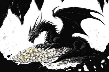 Majestic black dragon guarding a treasure hoard deep within a dark cavern illuminated by shimmering coins