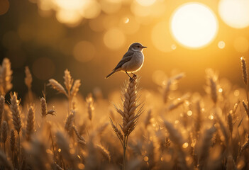 Bird Enjoying the Warm Sunset Over Wheat Field